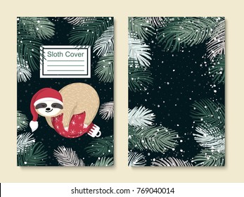 Vector cute sloth set. Cover template with adorable forest animal, Christmas tree branch, snow. Vector winter design