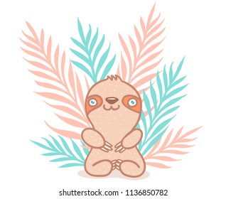 Vector cute sloth and tropical plants.