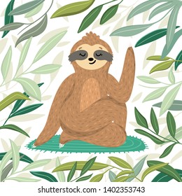 Vector cute sloth in yoga pose half lord of the fishes (Ardha Matsyendrasana) in the jungle. Funny sloth meditating on the mat among tropical leaves. Adorable yoga animal illustration. 