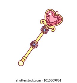 vector cute small golden scepter with diamond heart. Royal luxury sceptre for queen, princess, girl. Decorative cartoon object. Vintage fairytale element. Graphic isolated on white background