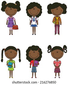 Vector cute smart African-American school girls with books and bags. Happy preschooler kids. 