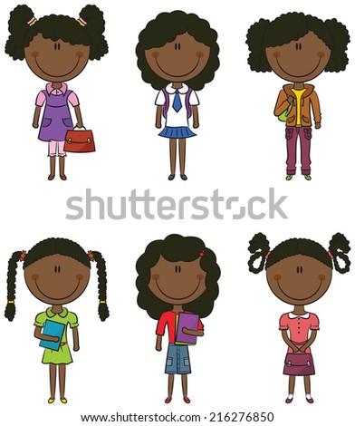 Vector cute smart African-American school girls with books and bags. Happy preschooler kids. 
