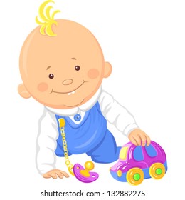 Vector Cute smiling baby boy playing with a toy car, crawl on the floor