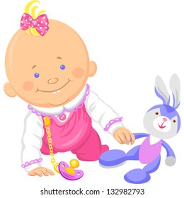 Vector cute smiling baby girl playing with a toy rabbit, crawl on the floor