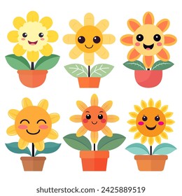 Vector lindo conjunto de flores sonrientes