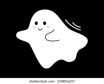 Vector con un bonito fantasma sonriente. Espíritu volador en diseño plano. Fantasma blanca sobre fondo negro. Fantasma de Doodle. Halloween.