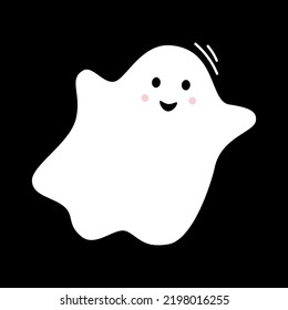 Vector con un bonito fantasma sonriente. Feliz espíritu volador en diseño plano. Fantasma blanca sobre fondo negro. Fantasma de Doodle. Halloween.