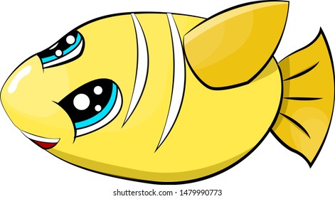 Vector of a cute and smiling golden fish aquarium silhouette illustration. Colorful mostly yellow drawing in white isolated background. 