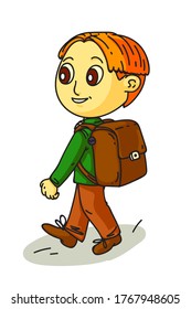 Vektor süß lächelnden kleinen Schuljungen mit Rucksack-Gehen, Blick von hinten. Kind, das die Straße überquert, einzeln auf weißem Hintergrund. Schüler der Grundschule gehen zurück zum Lernen. Cartoon-Kinderfigur