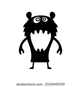 Vector cute, smiling monster, black and white silhouette. Playful, quirky design is perfect for fun, Halloween, or spooky projects, adding a cheerful touch to any illustration