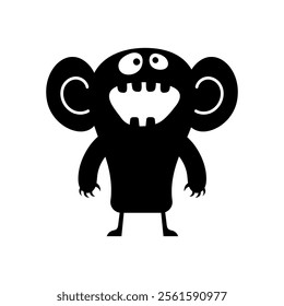 Vector cute, smiling monster, black and white silhouette. Playful, quirky design is perfect for fun, Halloween, or spooky projects, adding a cheerful touch to any illustration