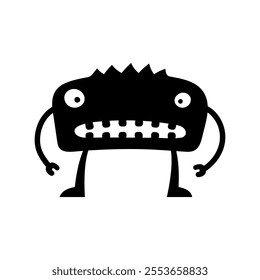 Vector cute, smiling monster with a toothy grin, black and white silhouette. Playful, quirky design is perfect for fun, Halloween, or spooky projects, adding a cheerful touch to any illustration