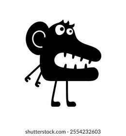 Vector cute, smiling monster with a toothy grin, black and white silhouette. Playful, quirky design is perfect for fun, Halloween, or spooky projects, adding a cheerful touch to any illustration