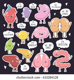 Vector cute smiling organs stickers set on black background. Heart, lungs, kidneys, liver, stomach, bladder, pancreas, gallbladder, intestine