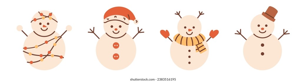 Vector cute smiling snowman set. Christmas funny snowman characters in clothes. Collection of winter snowman wearing hat and scarf.