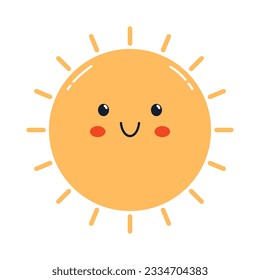 Vector lindo sol sonriente. Ilustración del sol de Kawaii. Sol divertida en diseño plano.