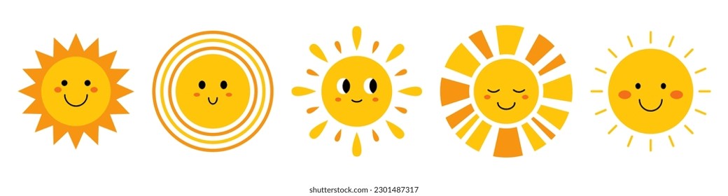 Vector cute smiling suns with face. Funny childish suns in flat design. Childish sunshine emoji. Baby suns with sunbeams.