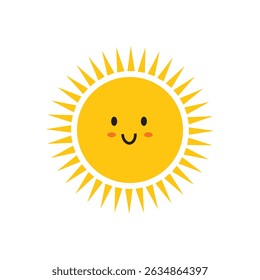 Vector cute smiling suns with face. Funny childish suns in flat design. Childish sunshine emoji. Baby suns with sunbeams.eps10