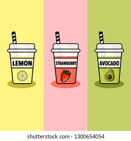 Vector cute smoothie of lemon strawberry and avocado juice separated in plastic glass with square of cover close with tube, fruits logo in front of glass isolated on yellow pink and green background