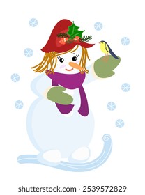 Vector cute snowgirl in a hat, scarf and mittens with a bird in his hand.
snowgirl on a white background.Christmas card, New Year's illustration