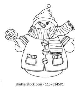 Vector   cute snowman cartoon, black  silhouette isolated on white for coloring.