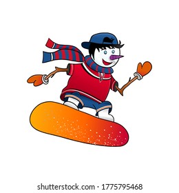 Vector cute Snowman character on snowboard, isolated on white background