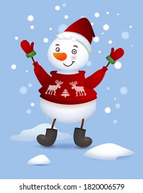 Vector Cute Snowman. Christmas illustration with funny snowman. Santa Claus hat and a red knit sweater with reindeer on it.. Snow falling from the blue sky.