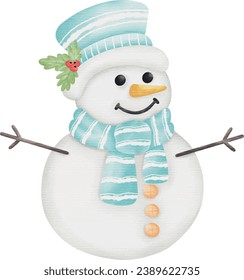 Vector Cute Snowman element in different color for chrismas in  watercolor