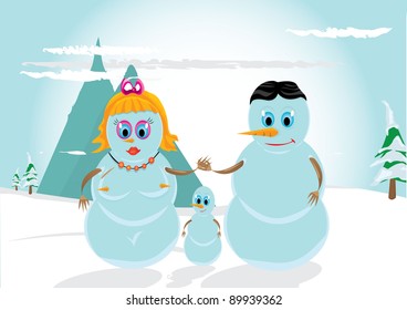 Vector cute snowman family. Father snowman, mother snowman and kid snowman smiling on mountains slope.