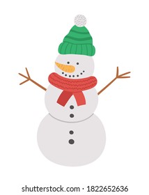 Vector cute snowman in hat and scarf isolated on white background. Cute winter character illustration. Funny Christmas card design. New Year icon
