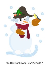 Vector cute snowman in a hat, scarf and mittens with a bird in his hand.
snowgirl on a white background.