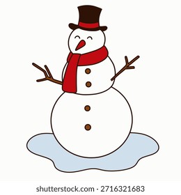 Vetor de um boneco de neve bonitinho usando chapéu isolado em um fundo branco.