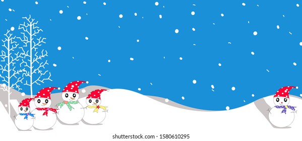 Vector - Cute Snowman and white tree on blue sky background with snowing. Merry  Christmas and Happy New Year. Seasonal greeting. Copy space for any text design.