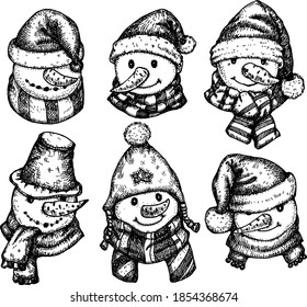 Vector cute snowmen cartoons, isolated on white. Hand drawn illustration.