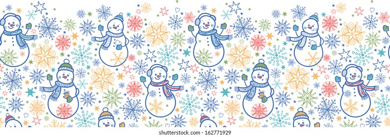 Vector cute snowmen horizontal seamless pattern background with hand drawn elements