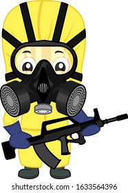 vector cute soldier in virus protection suit with gas mask and assault rifle 