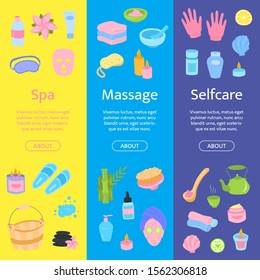 Vector cute spa, skincare and massage cartoon flat elements vertical banners set. Sheet mask, shampoo, cream, serum, gloves, beauty objects.