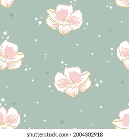 Vector Cute Sparkling Roses rosados en Sage Green fondo de patrón sin fisuras. Perfecto para proyectos de tela, scrapbooking y fondo de pantalla.