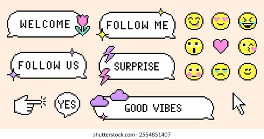 Vector cute speech bubble with text saying Welcome, Follow me. Y2k sticker set in pixel art. 8 bit retro style design for messages. Simple geometric form. Mood of 90s aesthetics. Game abstract element