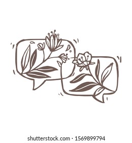 Vector cute speech bubbles with flower bouquet, plants, foliage and leaves. Creative doodle concept for design logo, emblem, label. Sketch illustration about communication, chat and dialogue