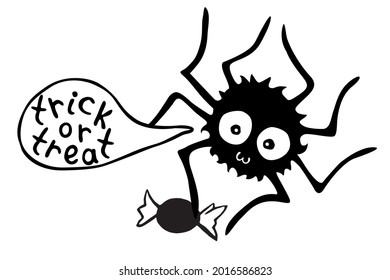 Vector cute spider with candy in cartoon flat style isolated. trick or treat - lettering in speech bubble. For halloween design, greeting card, template of sticker