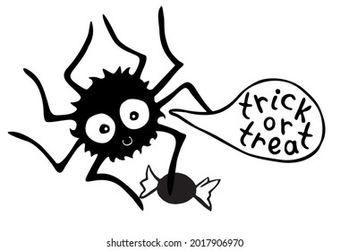 Vector cute spider with candy in cartoon flat style isolated. trick or treat - lettering in speech bubble. For halloween design, greeting card, template of sticker