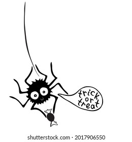 Vector cute spider with candy on the web in cartoon flat style isolated. trick or treat - lettering in speech bubble. For halloween design, template of greeting card