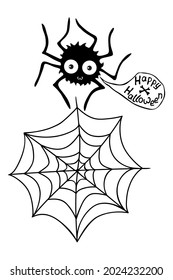 Vector cute spider with candy on the web in cartoon flat style isolated. Happy Halloween - lettering in speech bubble. For design template, greeting card, trick or treat