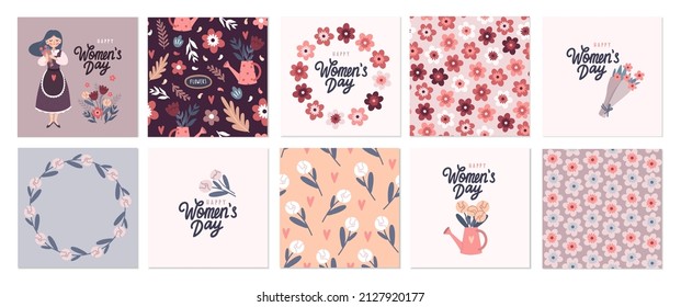 Vector cute spring cards with flower, girl, lettering and flower seamless patterns