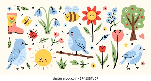 Vector cute spring garden set with blue birds, flowers, bee, ladybug, butterfly, sun and blooming tree. Playful nature collection for kids poster, nursery decor, sticker set and seasonal branding.