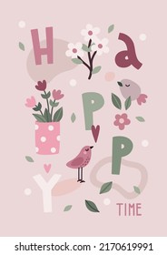 Vector adorable ilustración de afiche primavera con letras simples, pájaros, flores, hojas, puntos y colores pastel