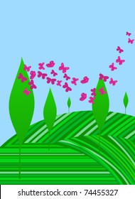 Vector cute spring trees and butterflies illustration