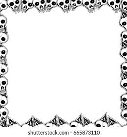 Vector cute square frame. Hand drawn Cartoon style. Skulls and bones.