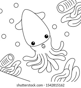 Vector cute Squid cartoon illustration design for coloring book.